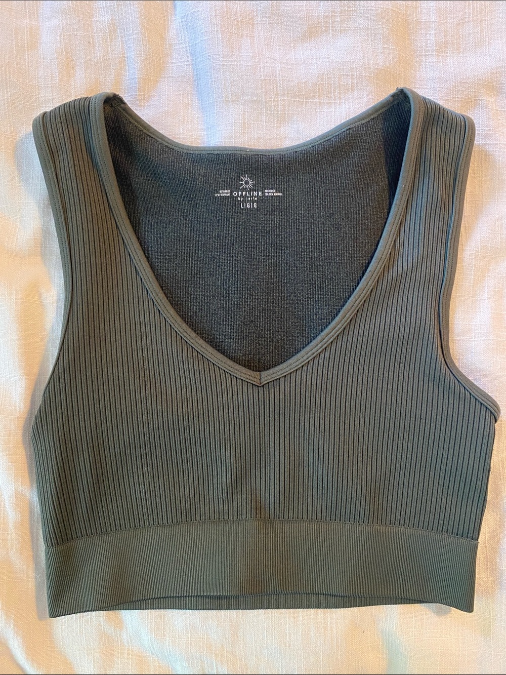 Offline by Aerie Olive Ribbed V-Neck Crop Tank